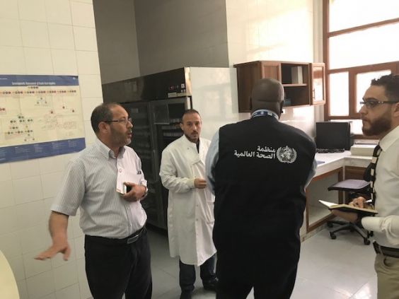 Influenza experts from WHO and Libya’s Ministry of Health review a laboratory.