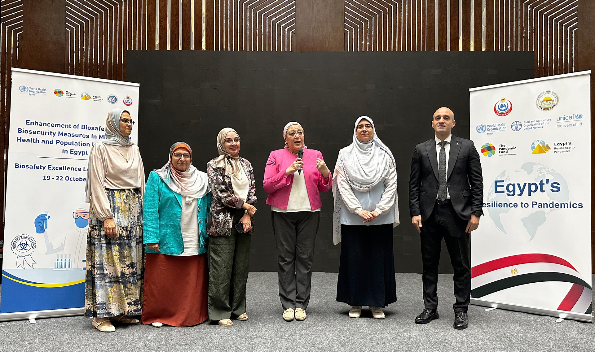 WHO and Ministry of Health and Population representatives address participants during the biosafety excellence workshop. Photo credit: WHO/WHO Egypt