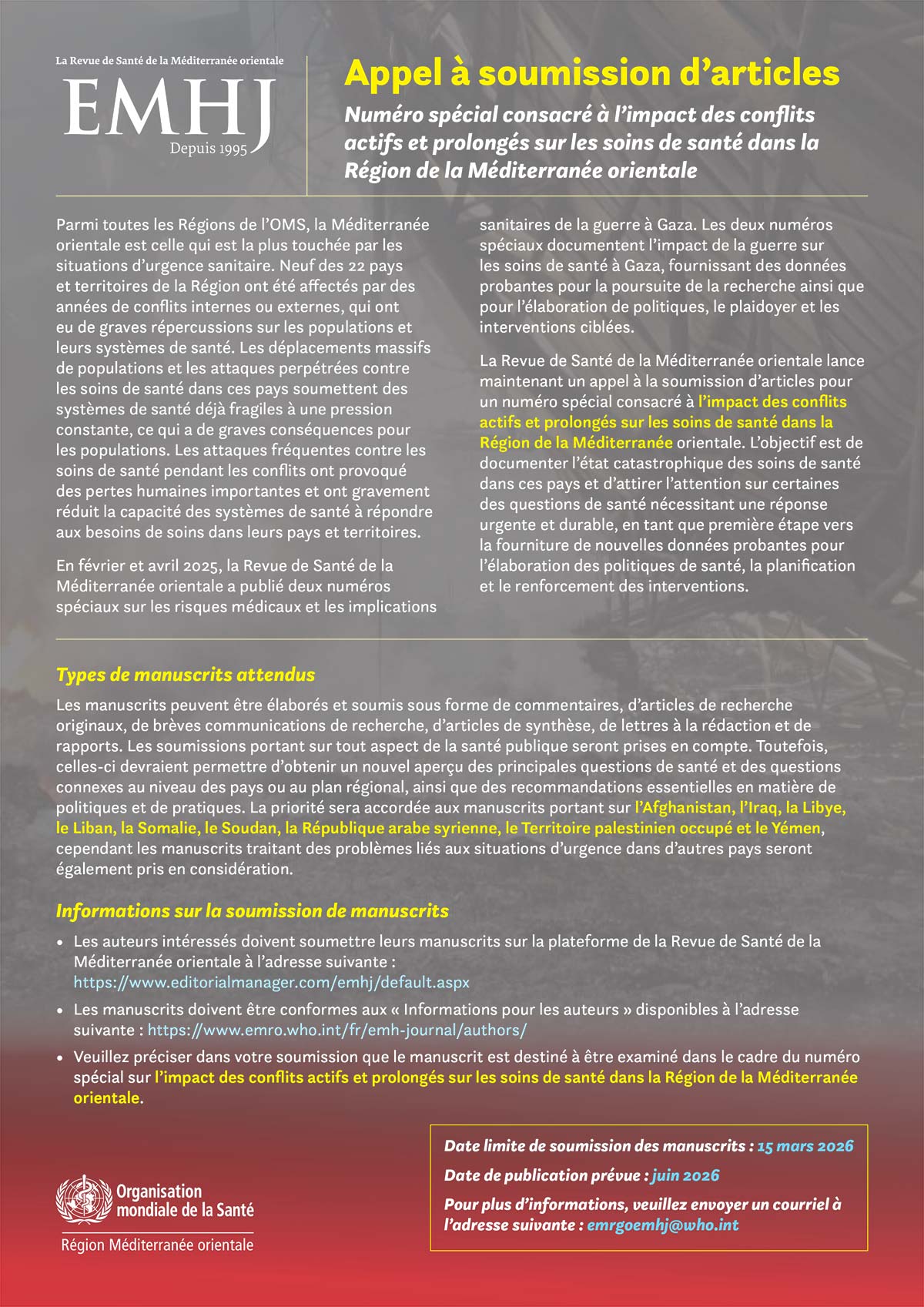 Num&eacute;ro sp&eacute;cial consacr&eacute; &agrave; l&rsquo;impact des conflits actifs et prolong&eacute;s sur les soins de sant&eacute; dans la R&eacute;gion de la M&eacute;diterran&eacute;e orientale