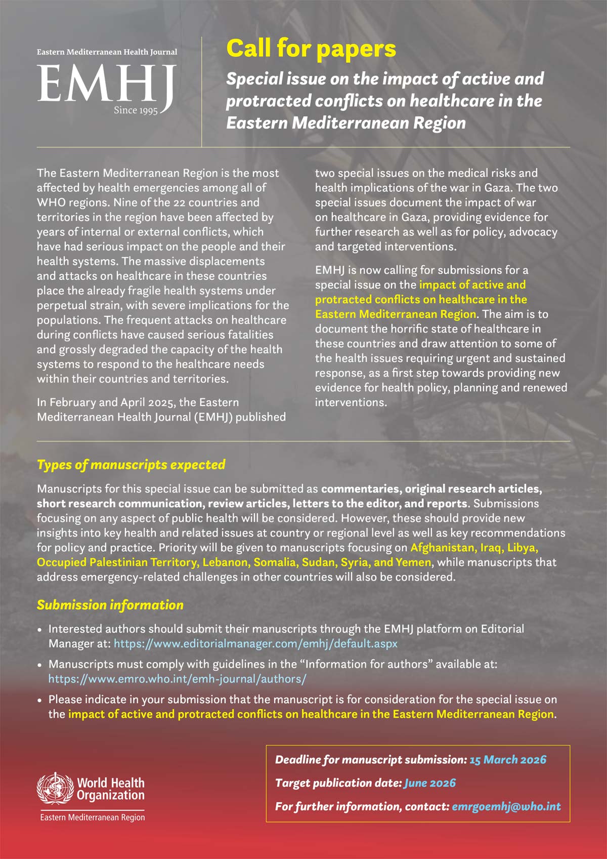 Call for papers: Special issue on the impact of active and protracted conflicts on healthcare in the Eastern Mediterranean Region