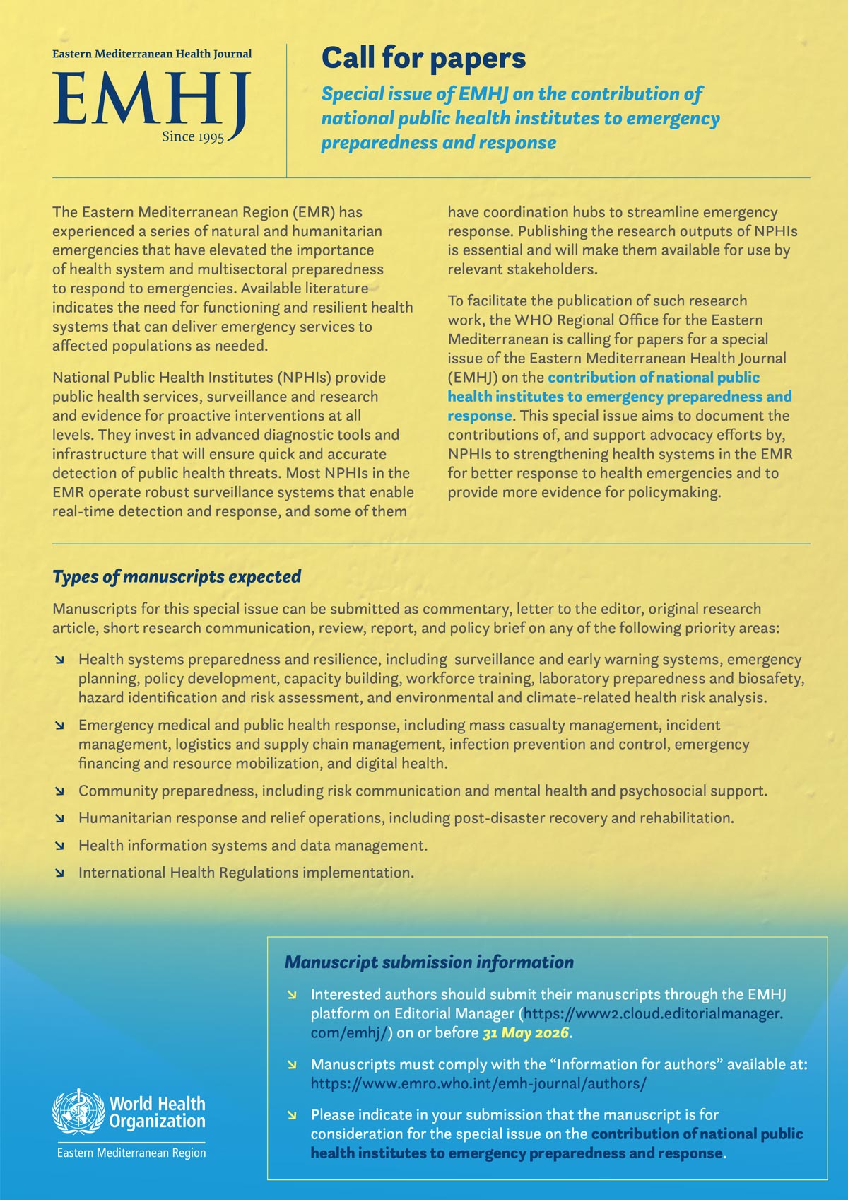 Call for papers: Special issue of EMHJ on the contribution of national public health institutes to emergency preparedness and response