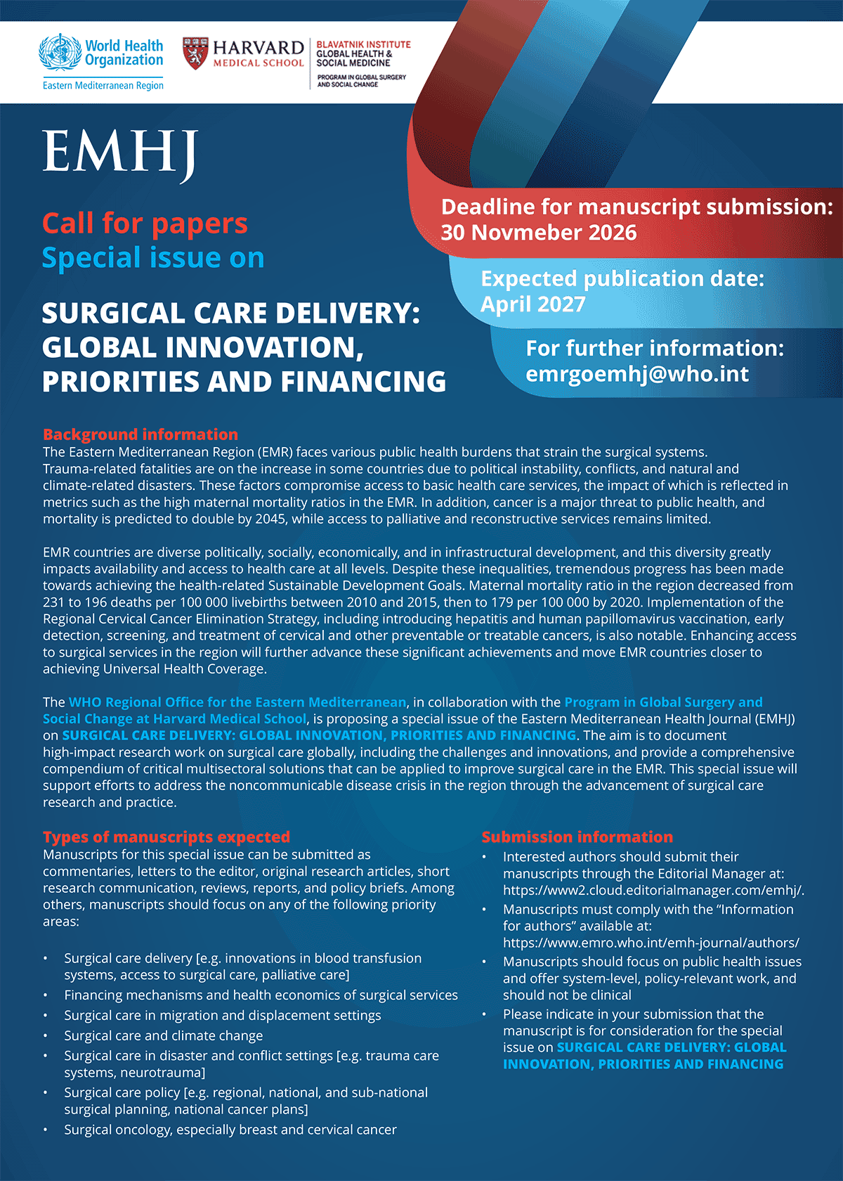 EMHJ call for papers Call for papers: Special issue on surgical care delivery: global innovation, priorities and financing