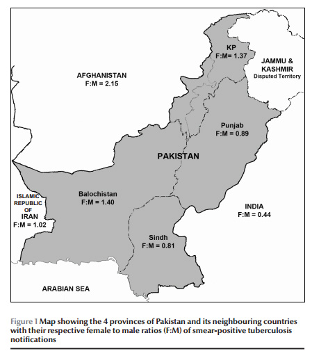 Figure 1 Map showing the 4 provinces of Pakistan and its neighbouring countries with their respective female to male ratios (F:M) of smear-positive tuberculosis notifications