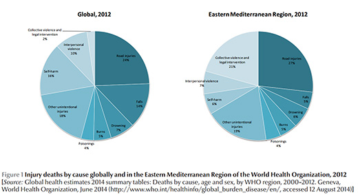 Figure 1 Injury deaths by cause globally and in the Eastern Mediterranean Region of the World Health Organization, 2012 [Source: Global health estimates 2014 summary tables: Deaths by cause, age and sex, by WHO region, 2000–2012. Geneva, World Health Organization, June 2014 (http://www.who.int/healthinfo/global_burden_disease/en/, accessed 12 August 2014)]