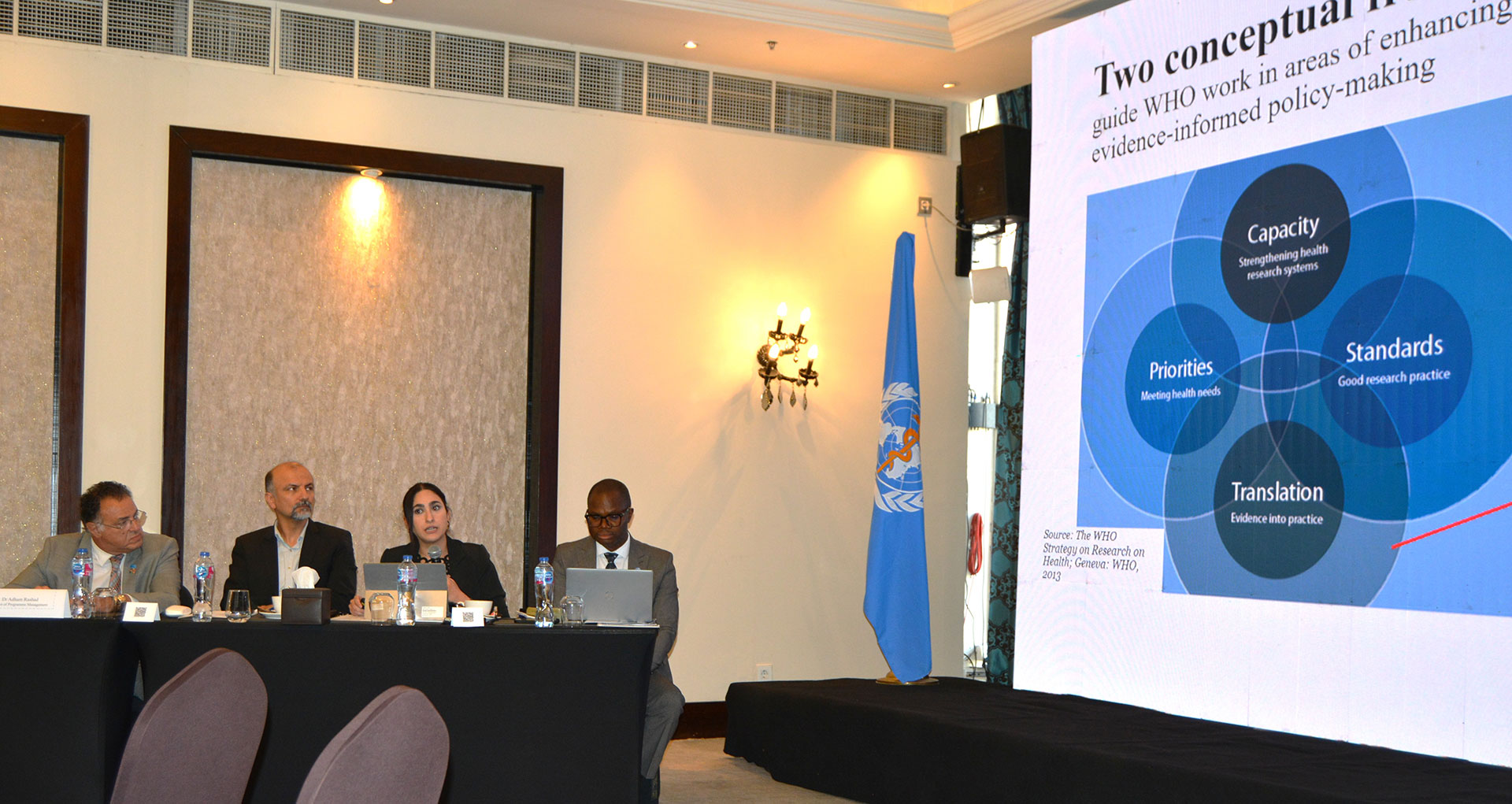 Seated from left to right are Dr Adham Ismail (Director of Programme Management), Dr Arash Rashidian (Director of Science, Information and Dissemination), Dr Mehrnaz Kheirandish (Regional Adviser for Evidence and Data to Policy, Regional Advisor a.i., Research Promotion and Governance) and Dr Henry Doctor (Coordinator, Information Systems for Health), during the Development Partners’ Meeting. 