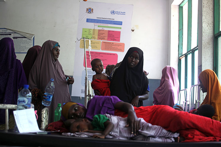 Patients receiving treatment at a cholera treatment center in Mogadishu, Somalia