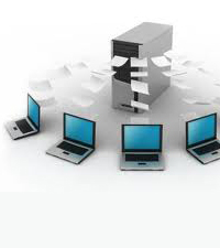 Four laptop computers surrounding a server with pieces of paper moving from the server to the computers