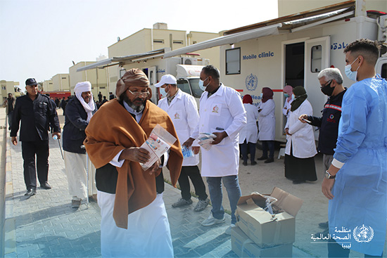  Mobile clinics donated by WHO is disseminating educational messages on COVID-19 prevention measures and vaccines in Benghazi, Libya. Credit: WHO Libya