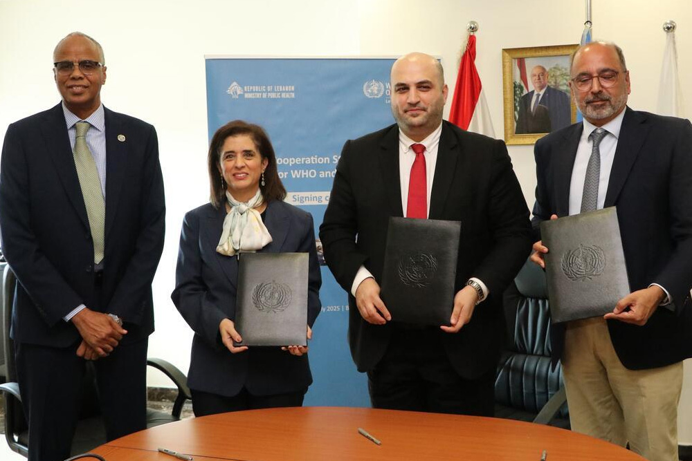 Dr Hanan Balkhy with H.E. Minister of Health Lebanon Dr Rakan Nassereddine and Dr Imran Riza, UN Deputy Special Coordinator for Lebanon and Dr Abdinasir Abubakar, WHO representative in Lebanon for the signing of the new WHO–Lebanon Country Cooperation Strategy 2026–2029.