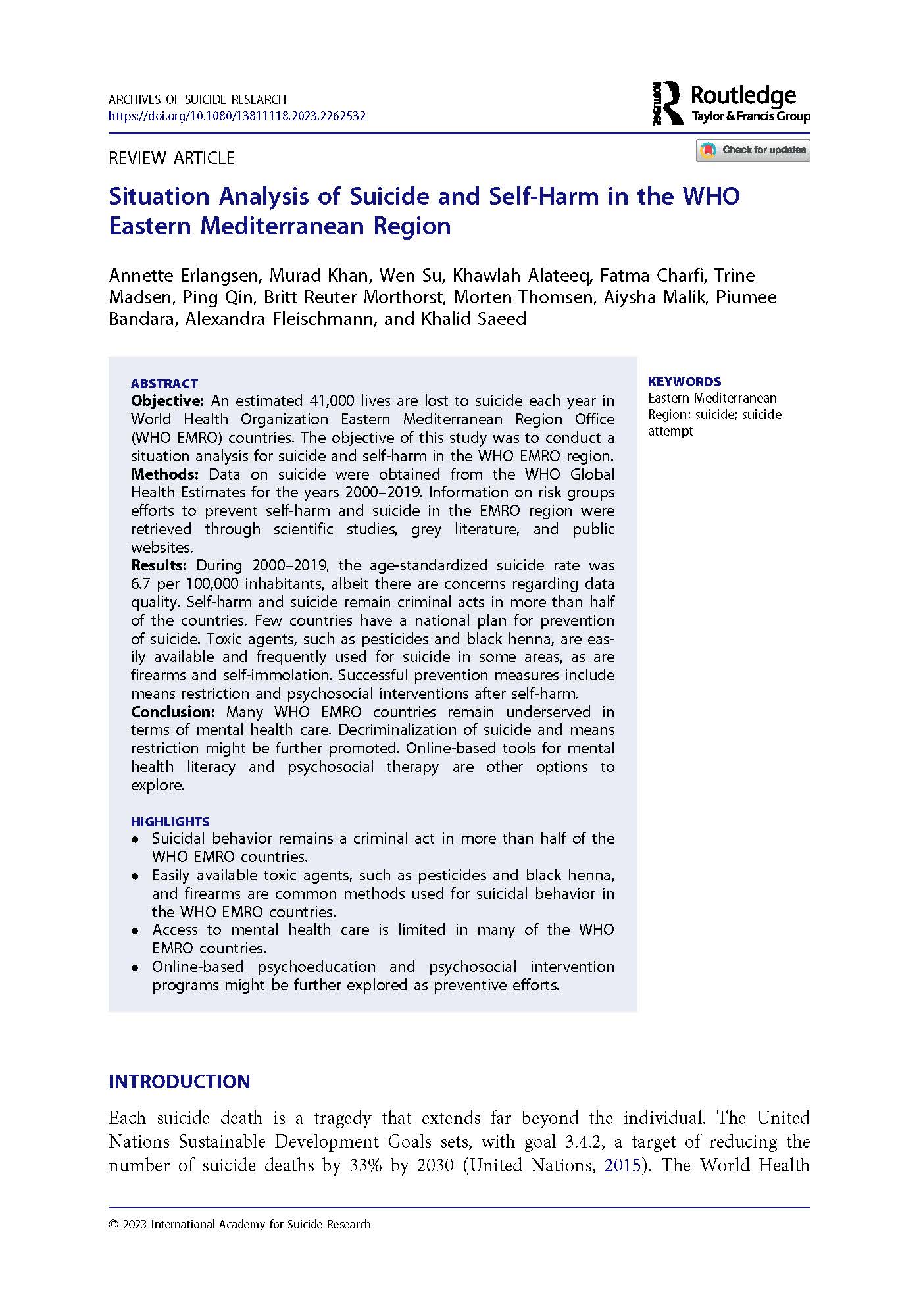 Situation Analysis of Suicide and Self-Harm in the WHO Eastern Mediterranean Region