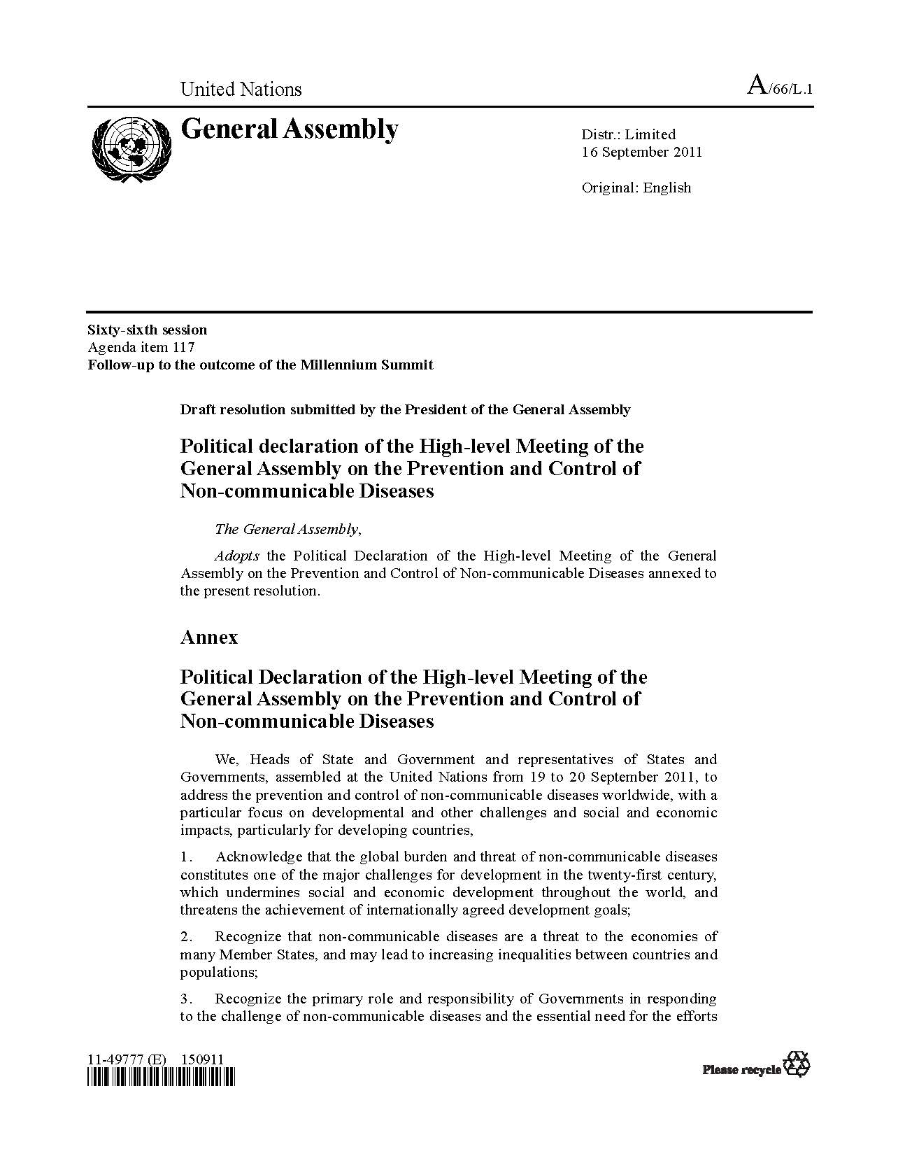 UN Political Declaration 2011 UN Political Declaration 2011
