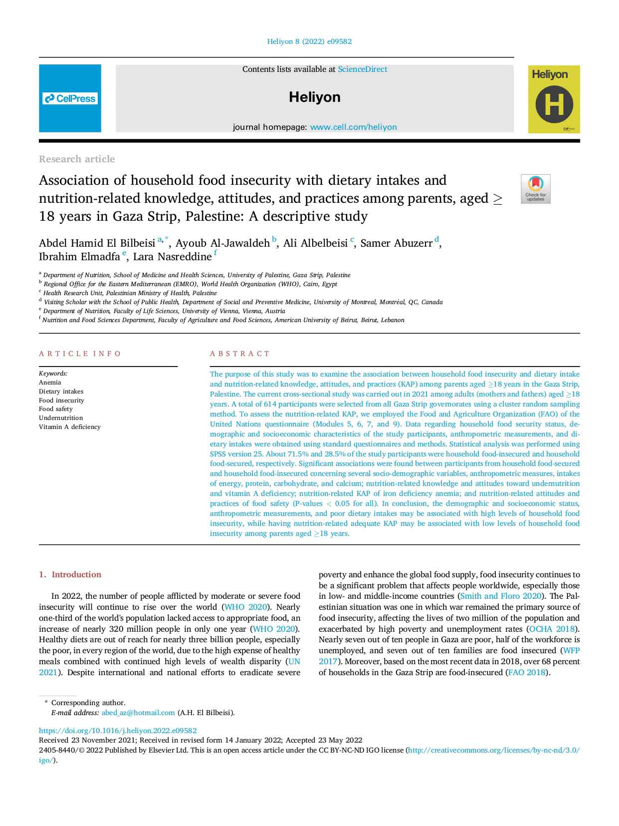 Association of household food insecurity with dietary intakes and nutrition-related knowledge, attitudes, and practices among parents, aged ≥ 18 years in Gaza strip, Palestine: A descriptive study Association of household food insecurity with dietary intakes and nutrition-related knowledge, attitudes, and practices among parents, aged ≥ 18 years in Gaza strip, Palestine: A descriptive study