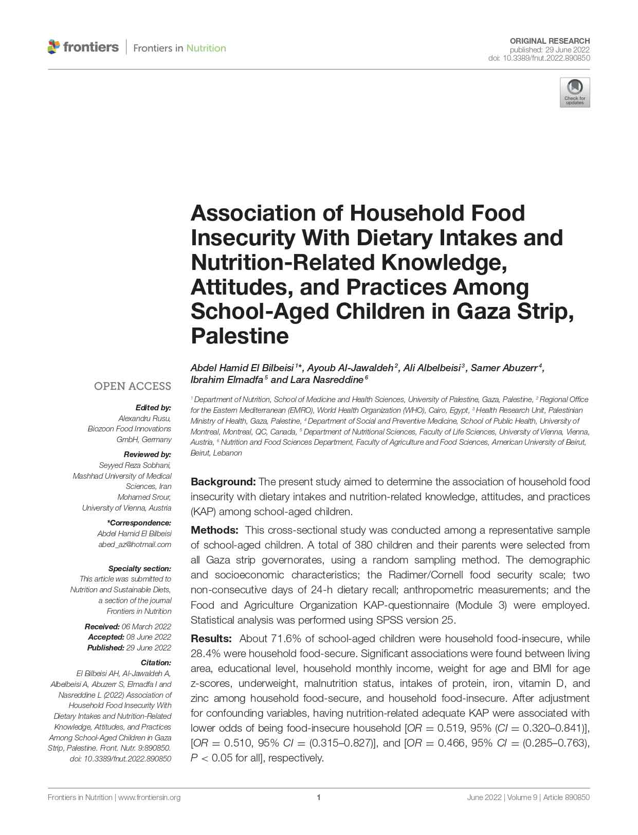 Association of household food insecurity with dietary intakes and nutrition-related knowledge, attitudes, and practices among school-aged children in Gaza strip, Palestine