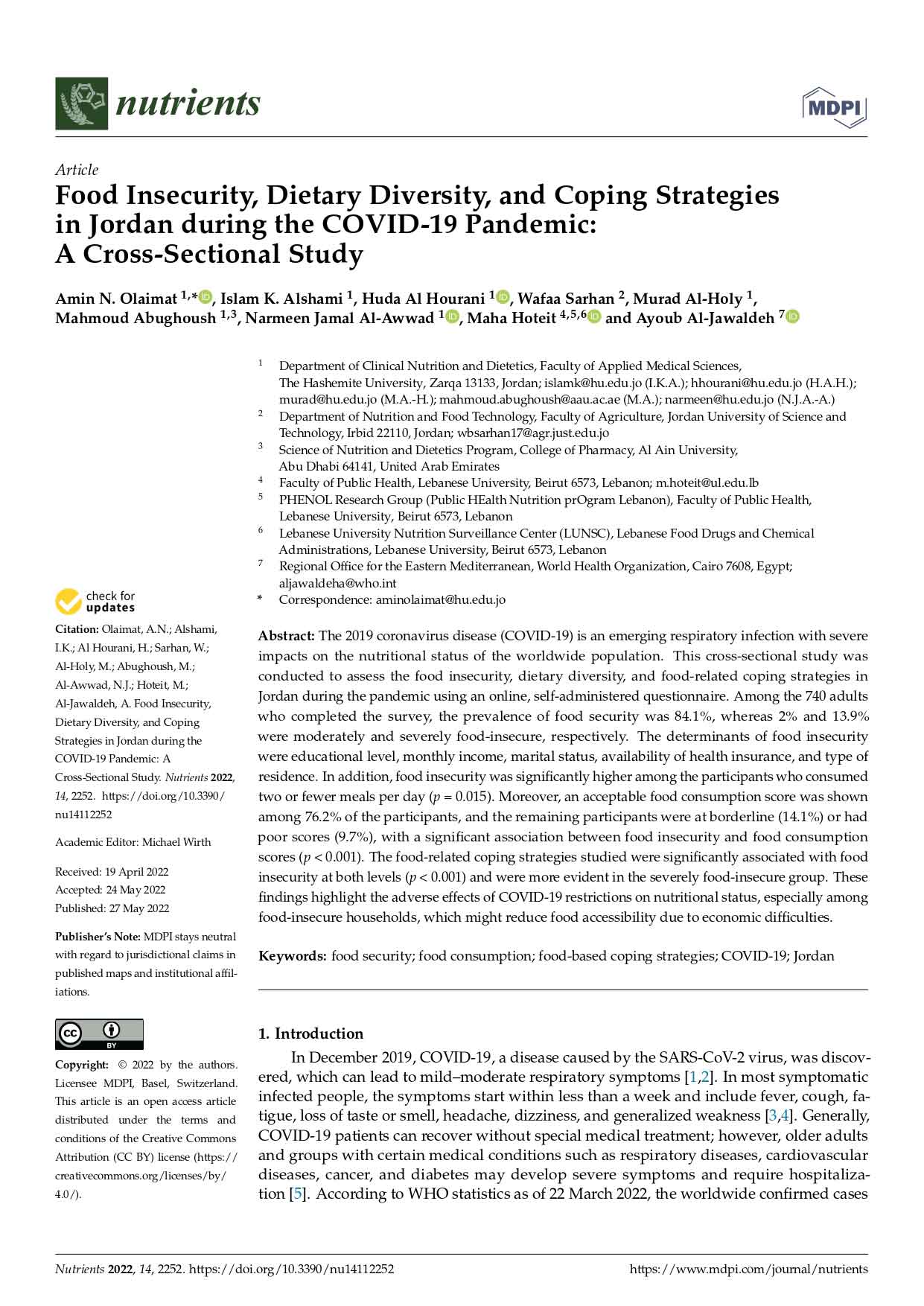 Food insecurity, dietary diversity, and coping strategies in Jordan during the covid-19 pandemic: A cross-sectional study Food insecurity, dietary diversity, and coping strategies in Jordan during the covid-19 pandemic: A cross-sectional study