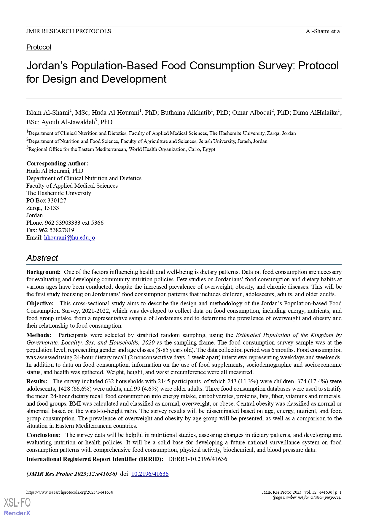 Jordan’s population-based food consumption survey: protocol for design and development Jordan’s population-based food consumption survey: protocol for design and development