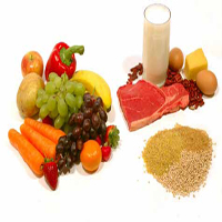 Groups of fruit and vegetables, meat and dairy products, cereals and rice