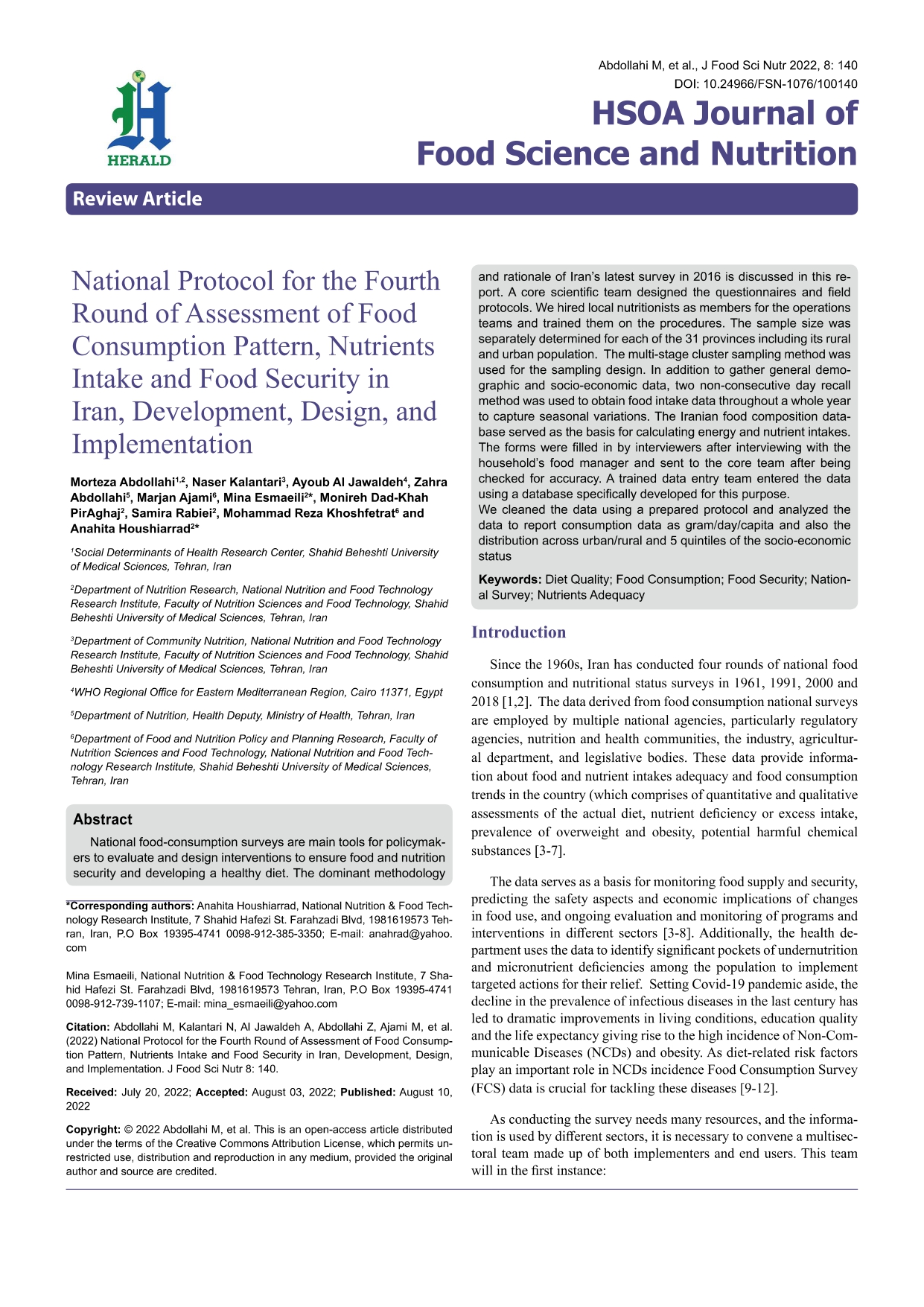 National protocol for the fourth round of assessment of food consumption pattern, nutrients intake and food security in Iran, development, design, and implementation National protocol for the fourth round of assessment of food consumption pattern, nutrients intake and food security in Iran, development, design, and implementation