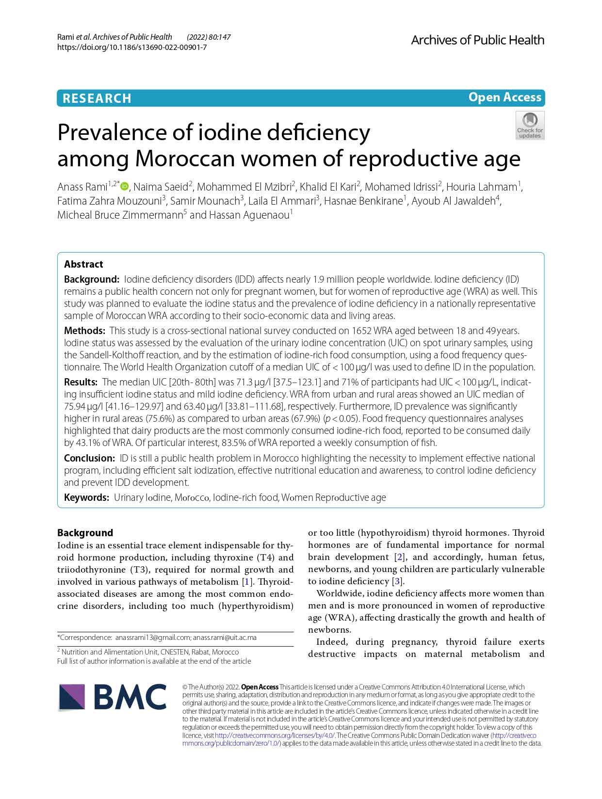 Prevalence of iodine deficiency among Moroccan women of reproductive age