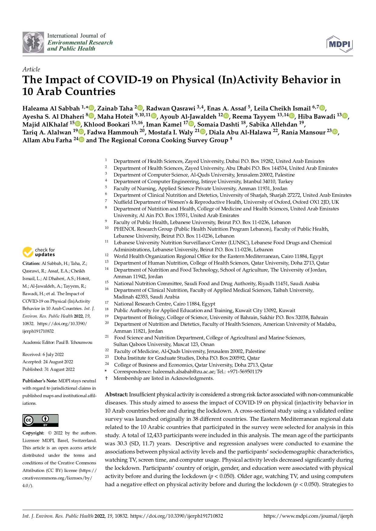 The impact of covid-19 on physical (in)activity behavior in 10 Arab countries The impact of covid-19 on physical (in)activity behavior in 10 Arab countries