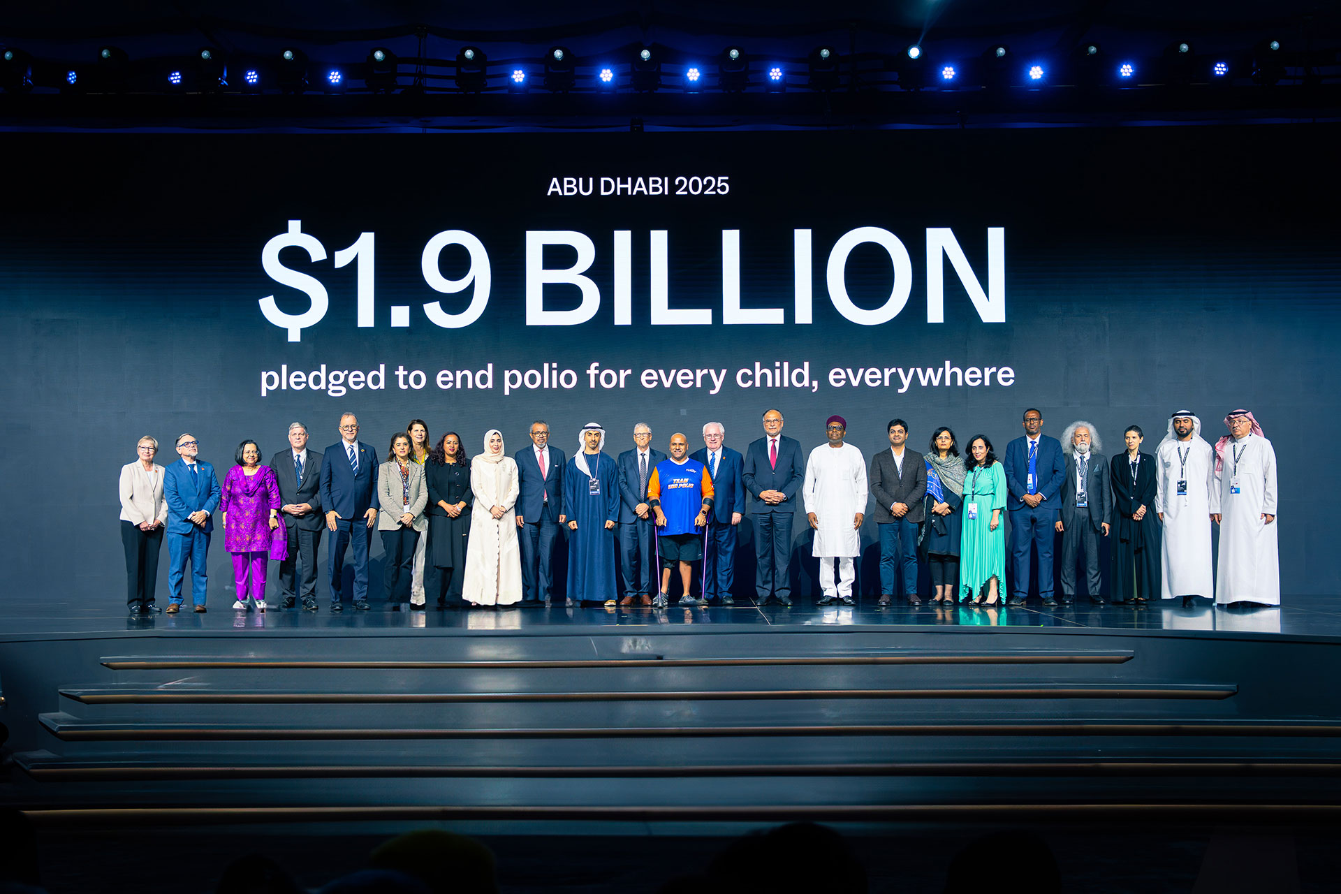 Global leaders came together to pledge US$1.9 billion to end polio at a high-level session convened by the Mohamed bin Zayed Foundation for Humanity in Abu Dhabi in December 2025. Photo credit: Mohamed bin Zayed Foundation for Humanity