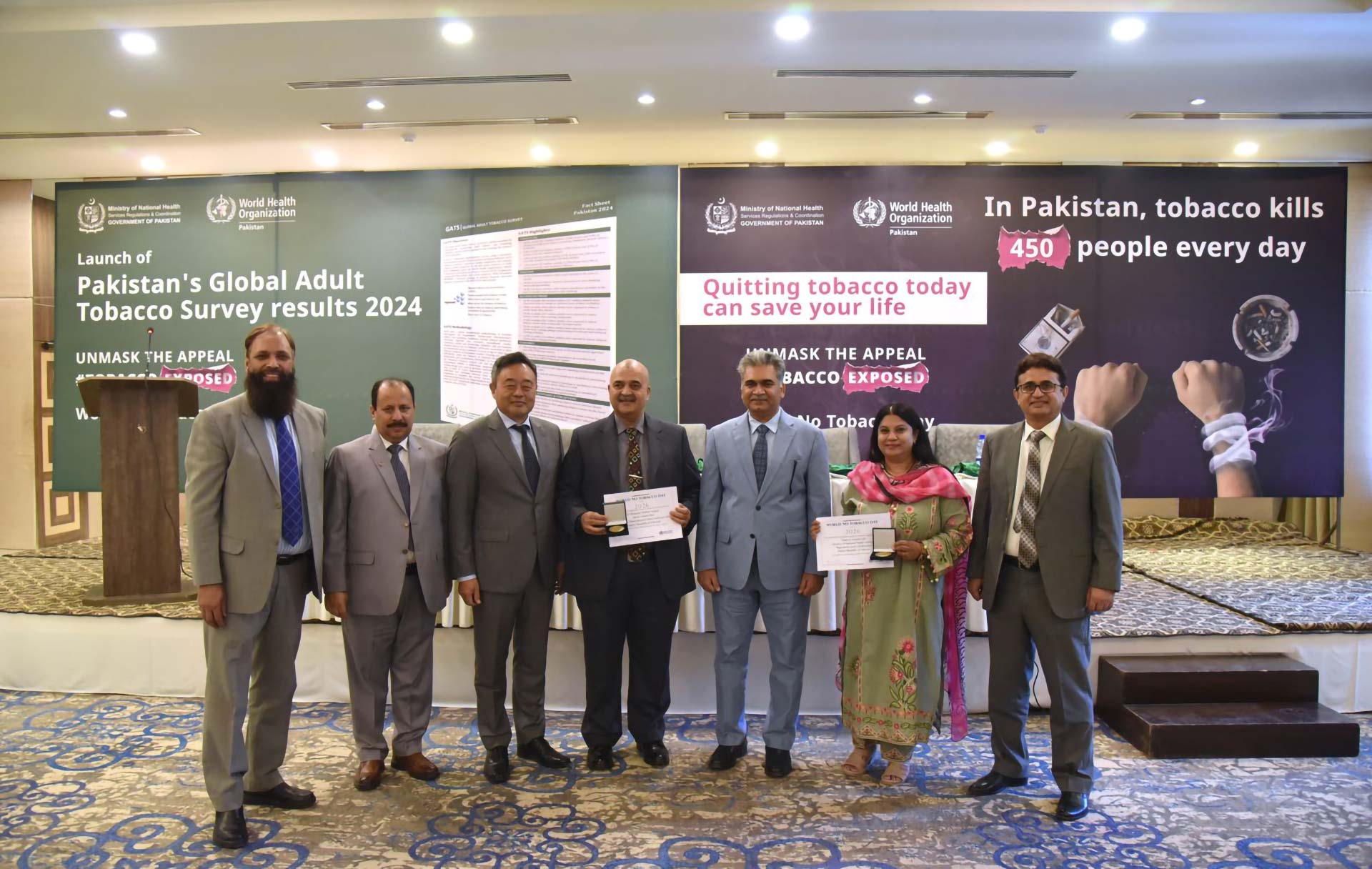 WHO Representative and Pakistan’s Secretary Health presented WHO’s World No Tobacco Day 2026 Award to Pakistan’s Ministry of Health Tobacco Control Cell and Waseem Iftikhar Janjua, Senior Researcher at the Sustainable Development Policy Institute (SDPI), Pakistan. Photo credit: WHO Pakistan/Hamid Inam.