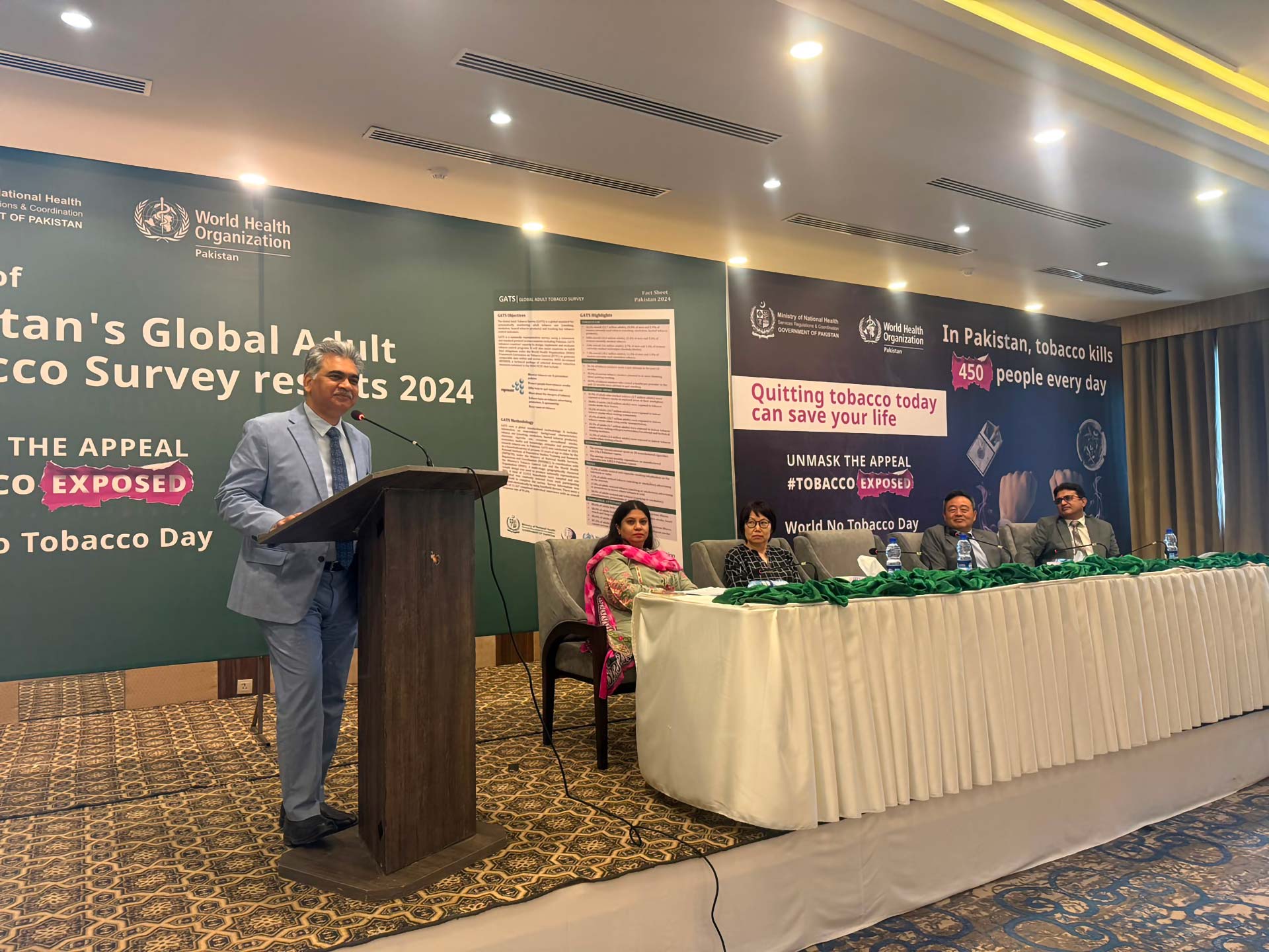 Pakistan’s Secretary Health intervention during the presentation of the Global Adult Tobacco Survey (GATS) 2024 as part of the celebrations of  World No Tobacco Day in Islamabad. Photo credit: Hamid Inam/WHO Pakistan.