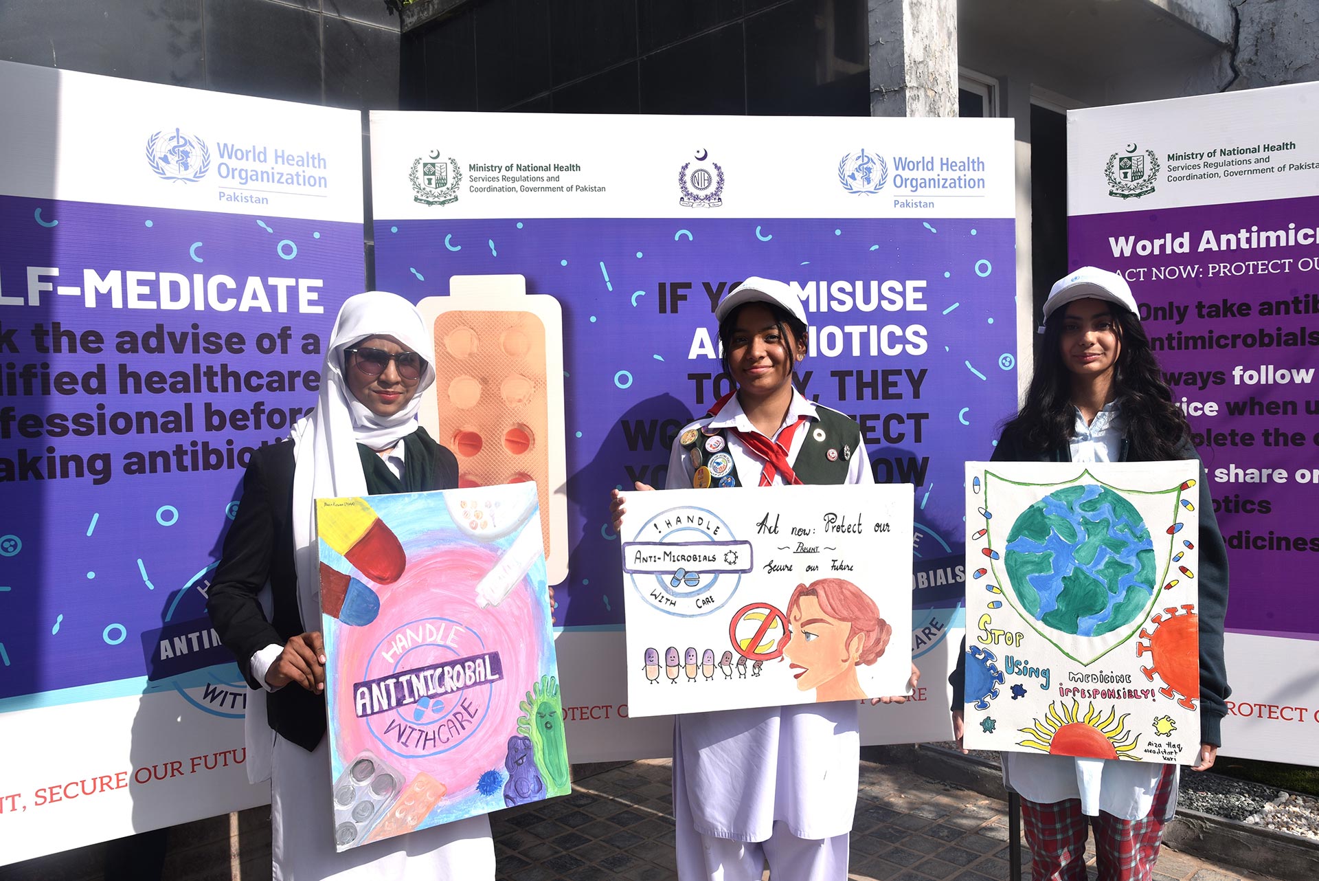 Winners of the student poster competition co-organized by NIH and WHO to raise awareness about the use of antibiotics. Photo credit: WHO/Sara Akmal.