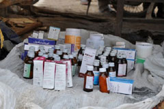 WHO-donated medicines in a medical camp in Thatta, Sindh, following the flood in 2011