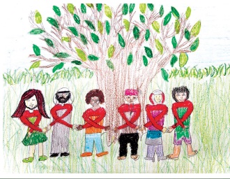 Poster showing a crayon drawing of people holding hands under a tree