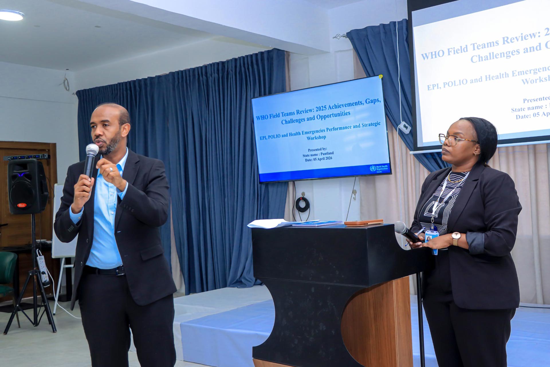 Dr. Ahmed Dahir, WHO Somalia’s EPI, Polio and Health Emergency Coordinator, addressing the participants, emphasizing the importance of translating plans into concrete action, strengthening collaboration, sustaining momentum, and delivering measurable impact for communities across Somalia. Photo credit: Abdirahim Aweis, WHO/Somalia 