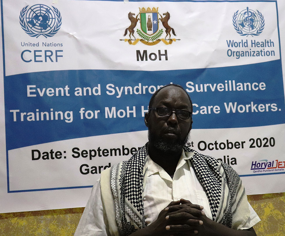 Mohamed attending a training on event and syndromic surveillance, conducted by CERF in Qardho, Puntland.