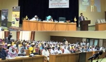 A photo of WHO Sudan Representative Dr Anshu Banerjee presenting WHO Regional Director for the Eastern Mediterranean's message during the regional launch in Sudan of the World No Tobacco Day campaign.
