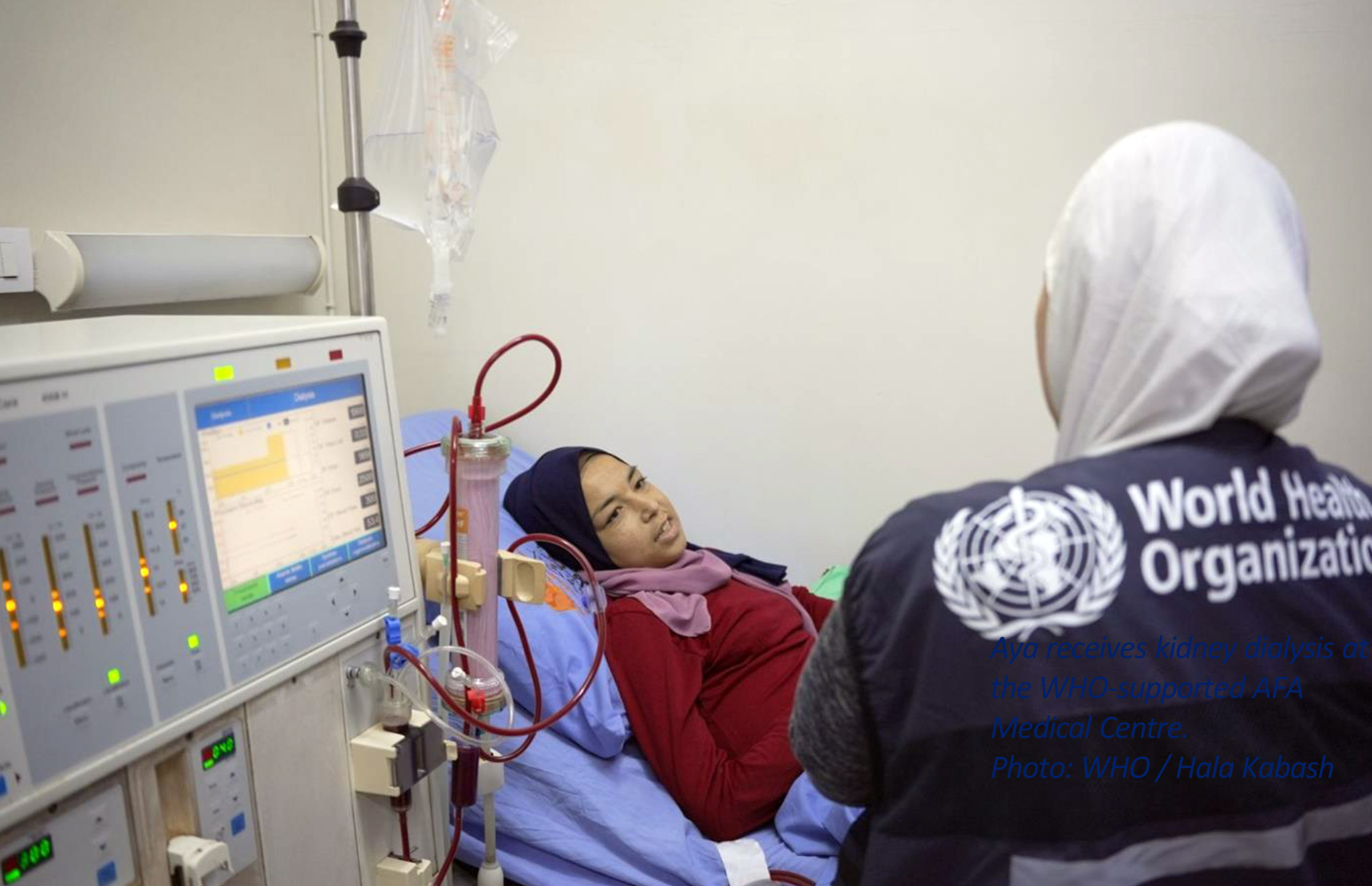 Aya receives kidney dialysis at the WHO-supported AFA Medical Centre. Photo: WHO / Hala Kabash