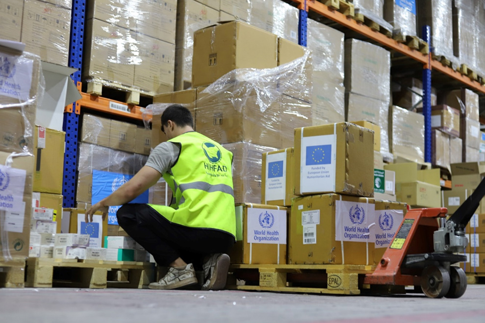 Warehouse staff organize EU-funded medical supplies at WHO’s warehouse in Sarmada, Idlib, before dispatch to health facilities. Photo credit: WHO