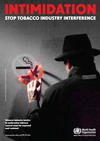 Image of the World No Tobacco Day 2012 poster, showing tobacco industry interference in tobacco control policies; depicted through a man in a black coat and hat tugging at a no smoking sign. 